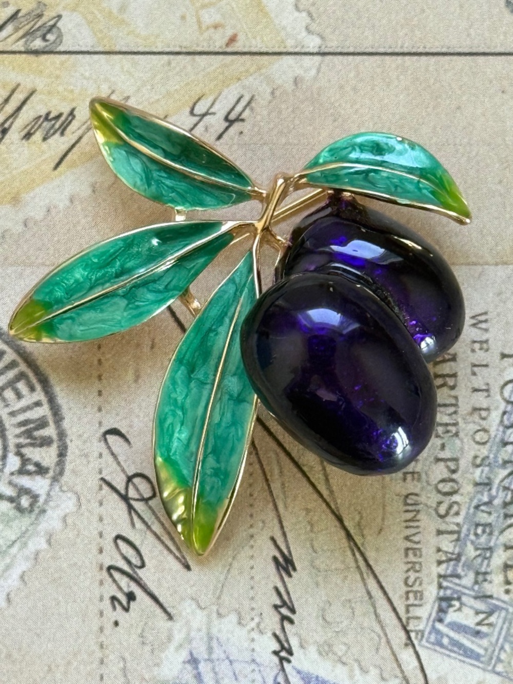 Vintage Style Enamel Olive Brooch & Pendant Metallic